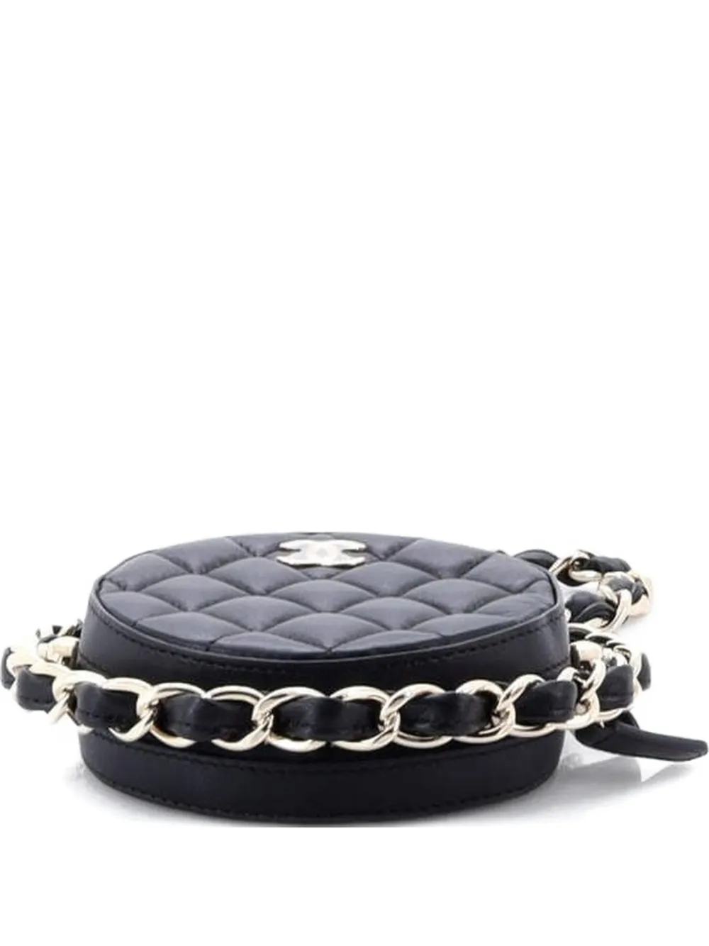 Pre-owned Chanel Frame Chain Around Round With Chain Quilted Lambskin Mini Clutch Bag In Black
