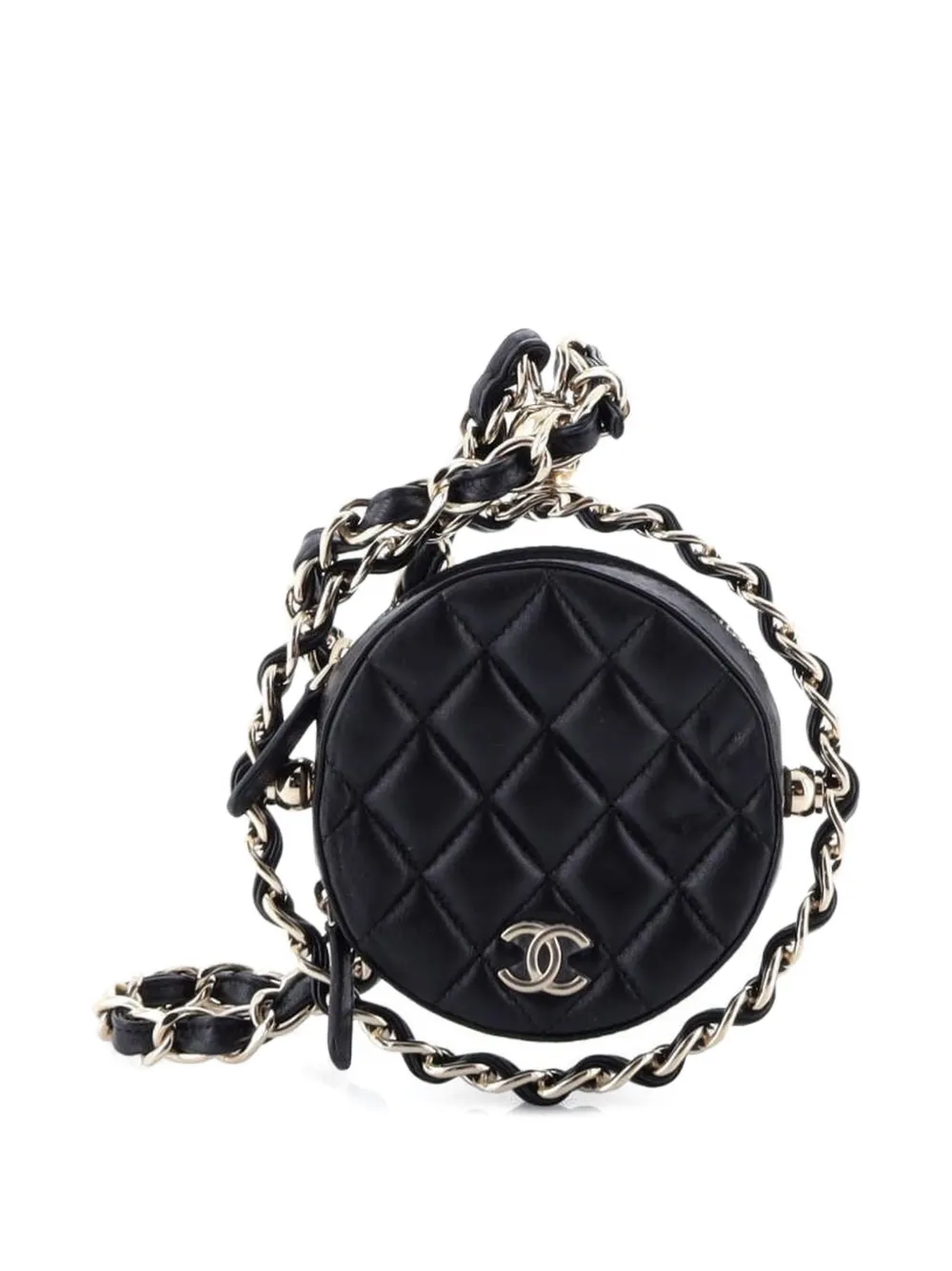 CHANEL Pre-owned Frame Chain Around Round With Chain Quilted Lambskin Mini Clutch Bag In Black