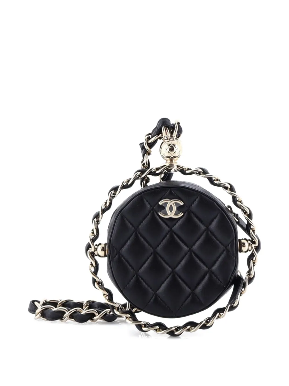 CHANEL Pre-owned Frame Chain Around Round With Chain Quilted Lambskin Mini Clutch Bag In Black