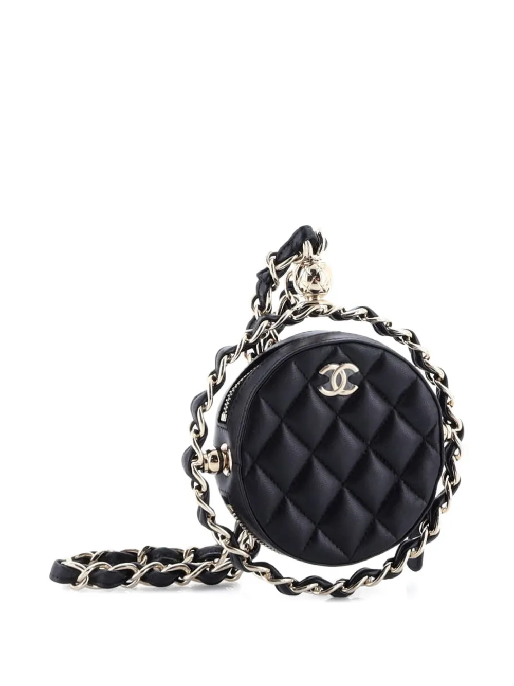 CHANEL Pre-owned Frame Chain Around Round With Chain Quilted Lambskin Mini Clutch Bag In Black