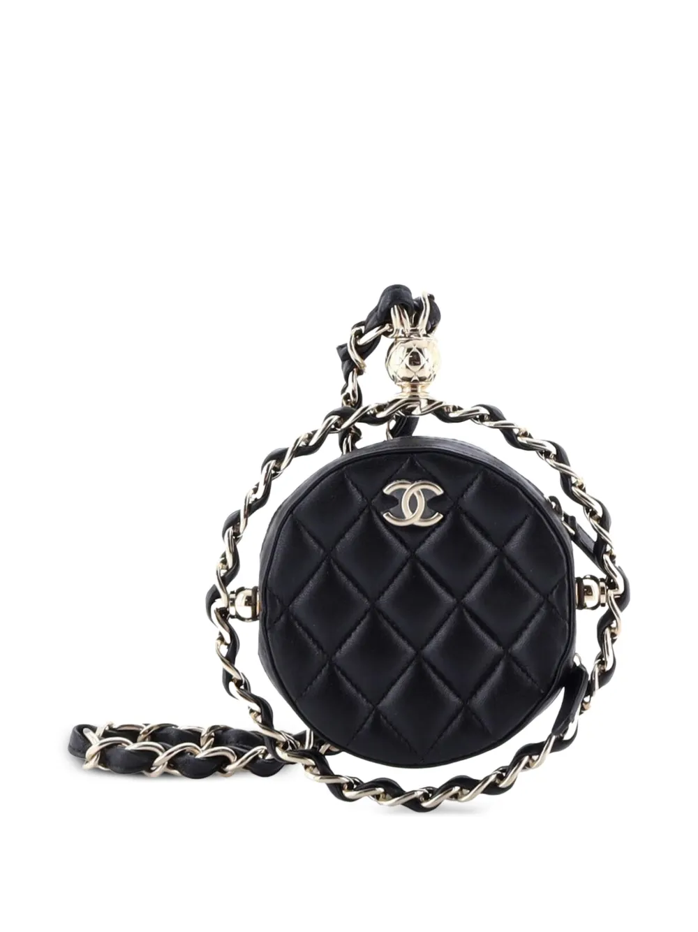 CHANEL Pre-Owned Frame Chain Around Round with Chain Quilted Lambskin Mini clutch bag | Black | Image 1