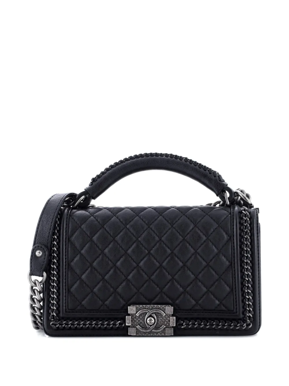 Pre-owned Chanel Chain Handle Boy Flap Bag Quilted Calfskin Old Medium Shoulder Bag In Black
