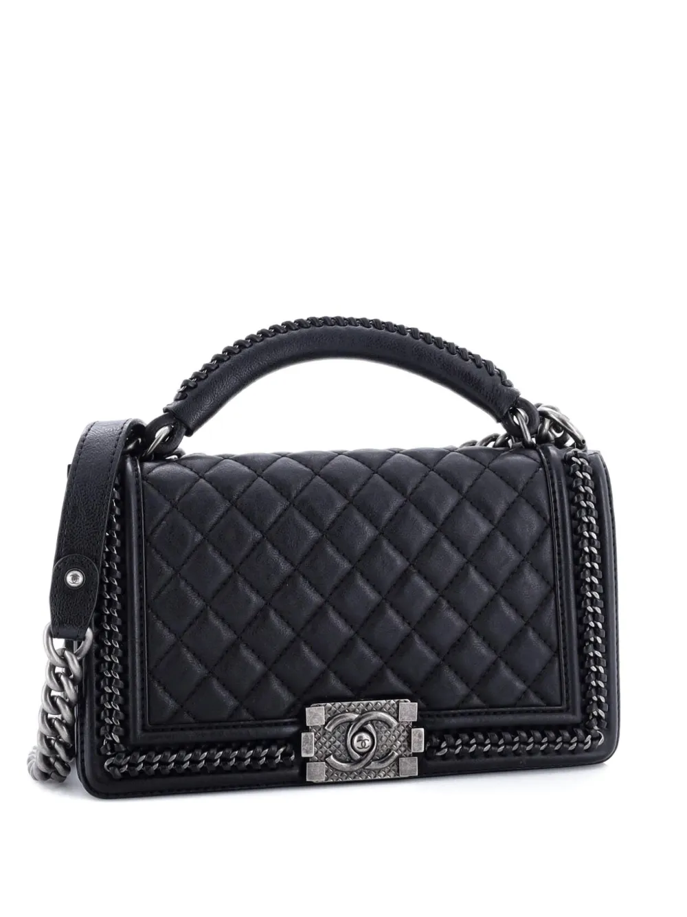 Pre-owned Chanel Chain Handle Boy Flap Bag Quilted Calfskin Old Medium Shoulder Bag In Black