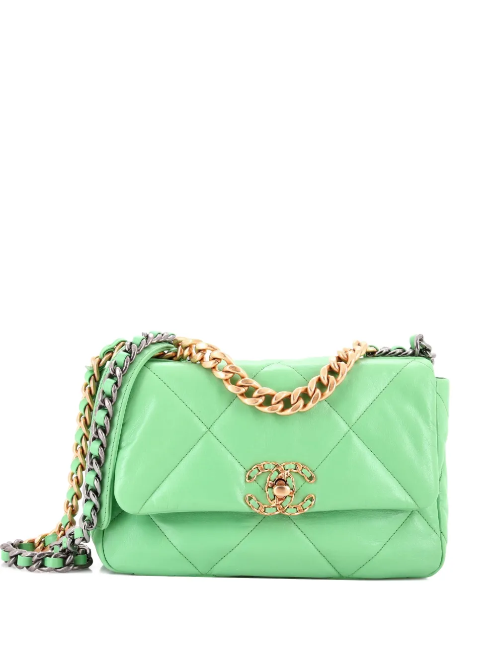 Click to view more detailed imagery on our partner's website Pre-owned Chanel 19 Flap Bag Quilted Leather Medium Crossbody Bag In Green