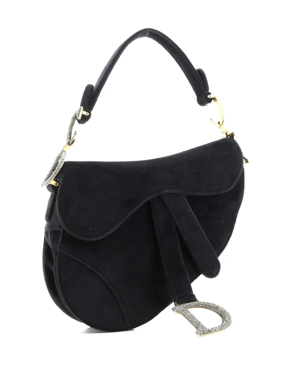 DIOR Pre-owned Saddle Handbag Velvet With Crystals Mini Shoulder Bag In Black