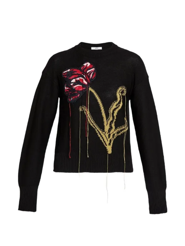 Erdem Floral-intarsia Crew-neck Sweater in Black
