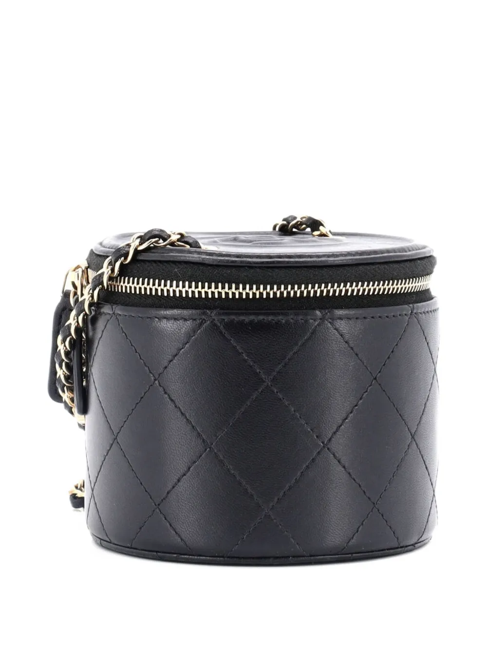 Pre-owned Chanel Cc Round Vanity Case With Chain Quilted Lambskin Mini Clutch Bag In Black