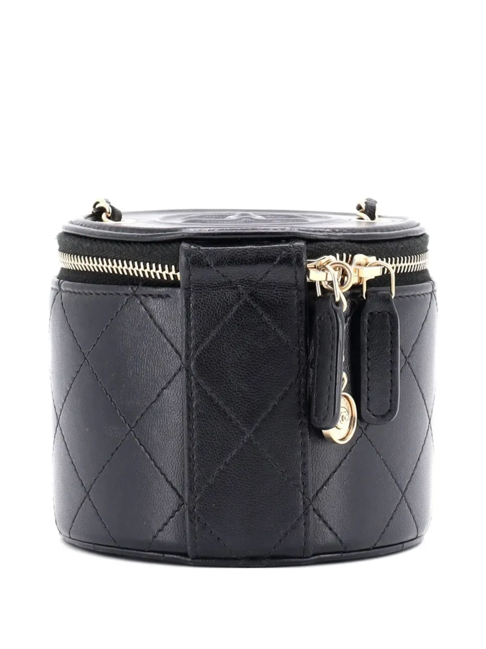 Pre-owned Chanel Cc Round Vanity Case With Chain Quilted Lambskin Mini Clutch Bag In Black