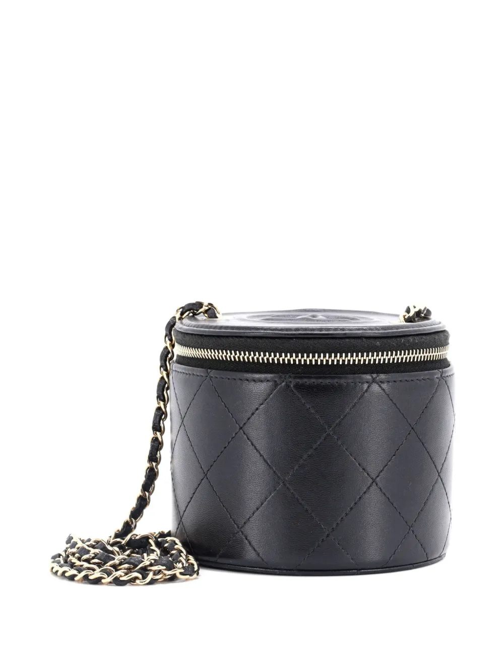 Pre-owned Chanel Cc Round Vanity Case With Chain Quilted Lambskin Mini Clutch Bag In Black