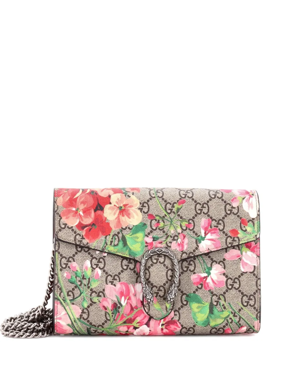 Pre-owned Gucci Dionysus Chain Wallet Blooms Print Gg Coated Canvas Small Crossbody Bag In Brown