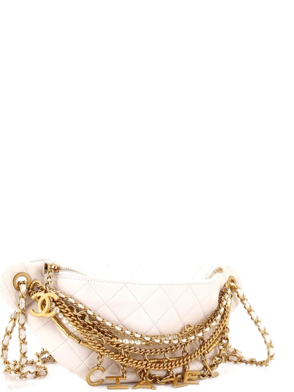 Pre-owned Chanel All About Chains Waist Bag Quilted Lambskin Belt Bag In White