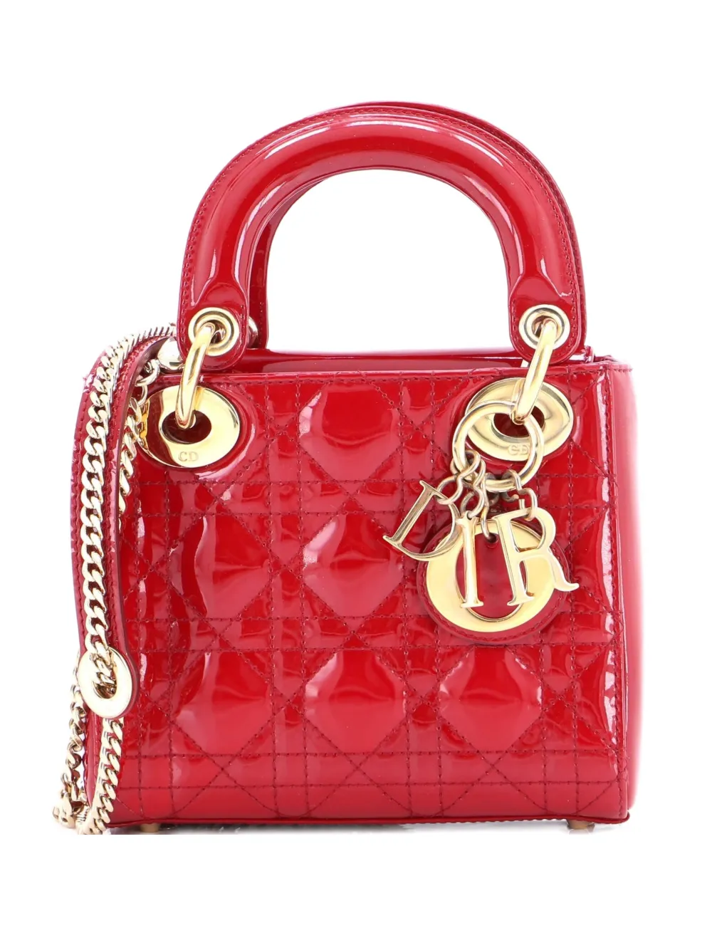 Pre-owned Dior Lady  Chain Bag Cannage Quilt Patent Mini Satchel In Red