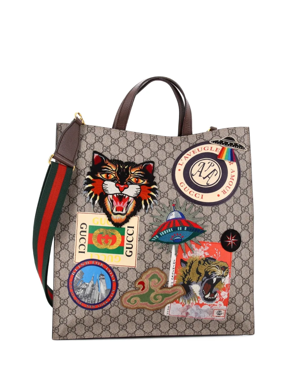 Click to view more detailed imagery on our partner's website Pre-owned Gucci Courrier Convertible Soft Open Gg Coated Canvas With Applique North South Tote Bag In Brown