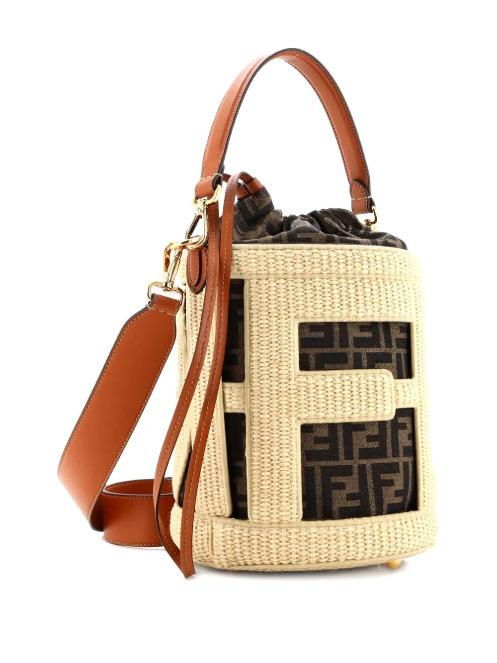 Pre-owned Fendi Step Out Straw And Zucca Canvas Medium Bucket Bag In Brown