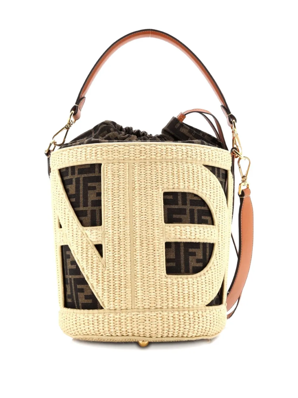 Pre-owned Fendi Step Out Straw And Zucca Canvas Medium Bucket Bag In Brown