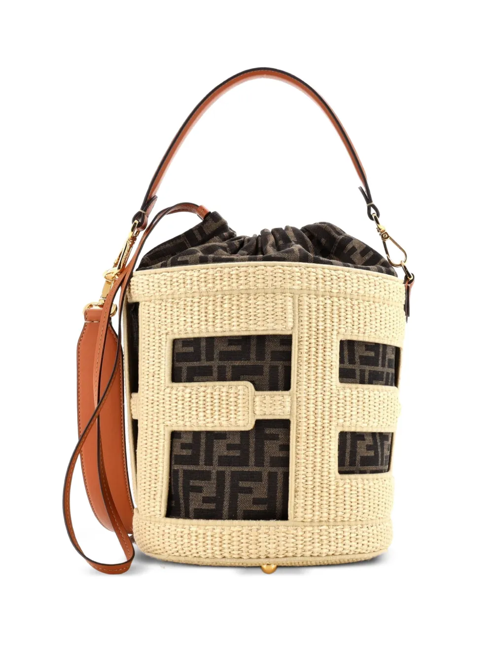 Fendi Pre-Owned Step Out Straw and Zucca Canvas Medium bucket bag - Marrone