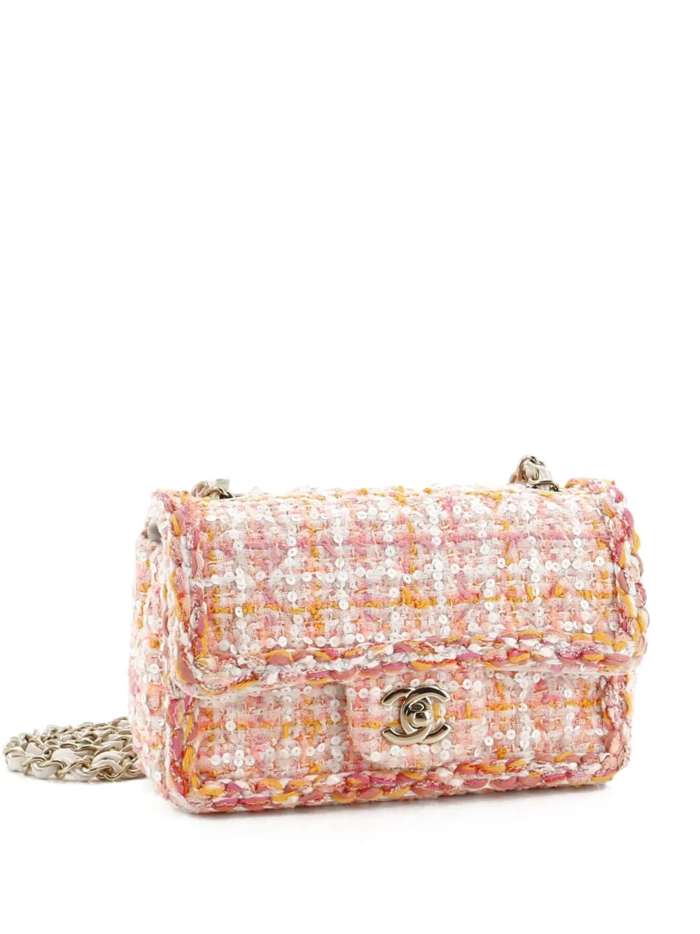 CHANEL Pre-Owned Classic Single Flap Bag Braided Quilted Tweed with Sequins Mini shoulder bag - Arancione