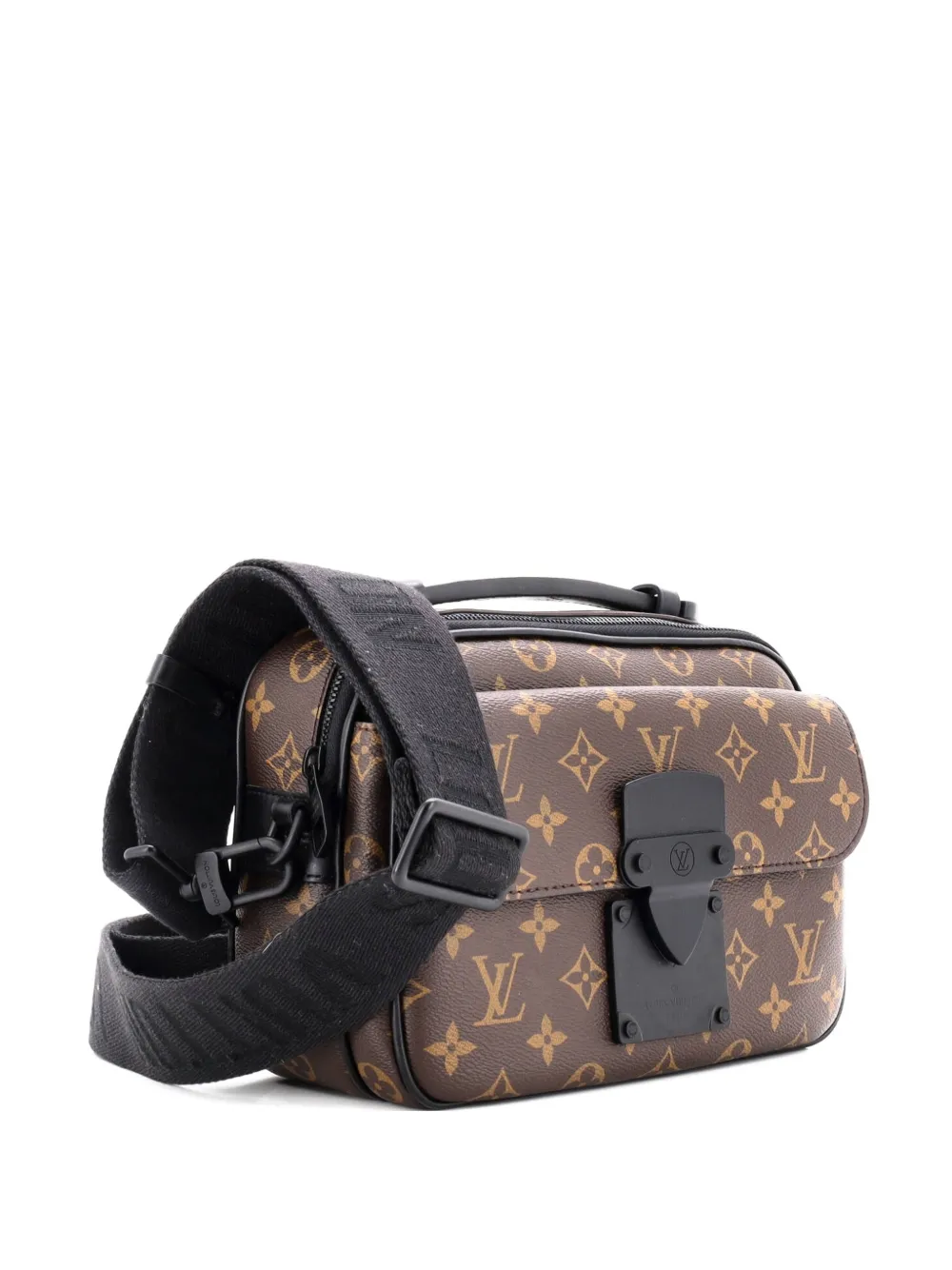 Pre-owned Louis Vuitton S Lock Messenger Bag Macassar Monogram Canvas Crossbody Bag In Black