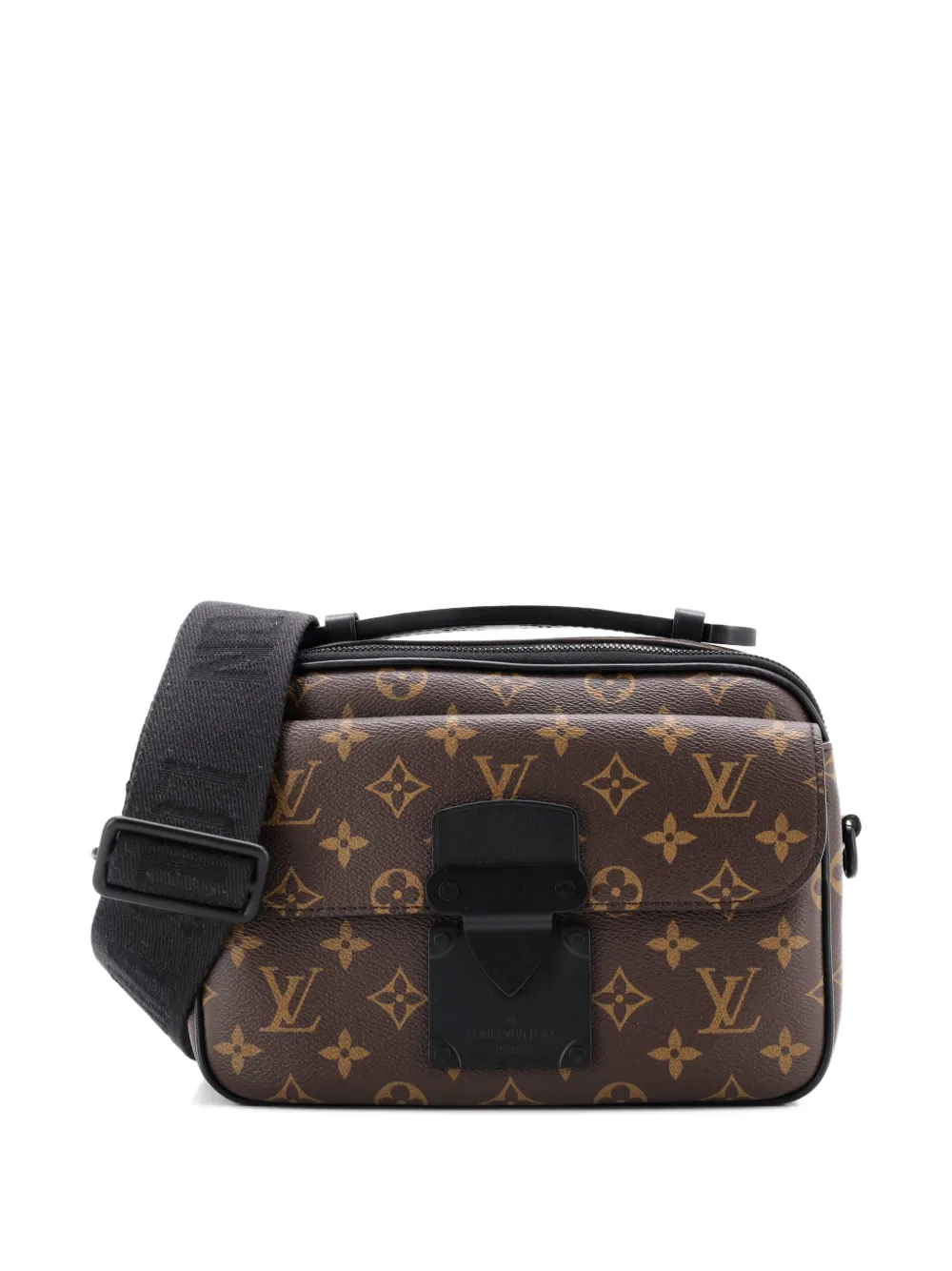Pre-owned Louis Vuitton S Lock Messenger Bag Macassar Monogram Canvas Crossbody Bag In Black