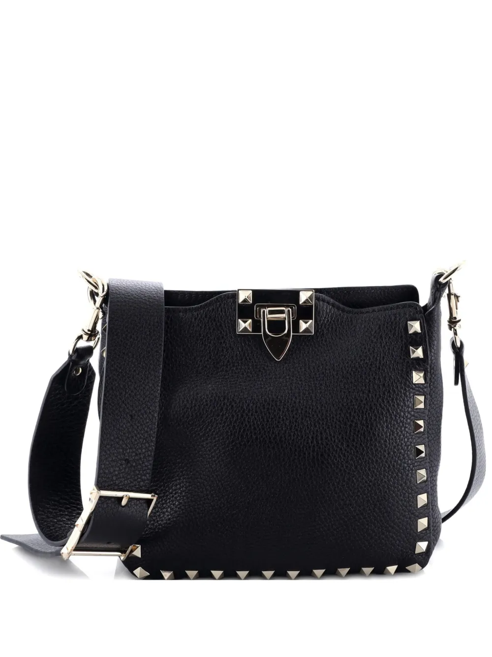 Pre-owned Valentino Garavani Rockstud Flip Lock Messenger Bag Leather Mini Crossbody Bag In Black