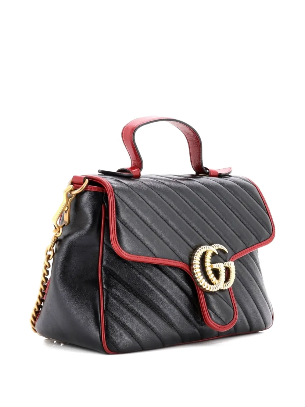 GUCCI Pre-owned Gg Marmont Top Handle Flap Bag Diagonal Quilted Leather Small Satchel In Black