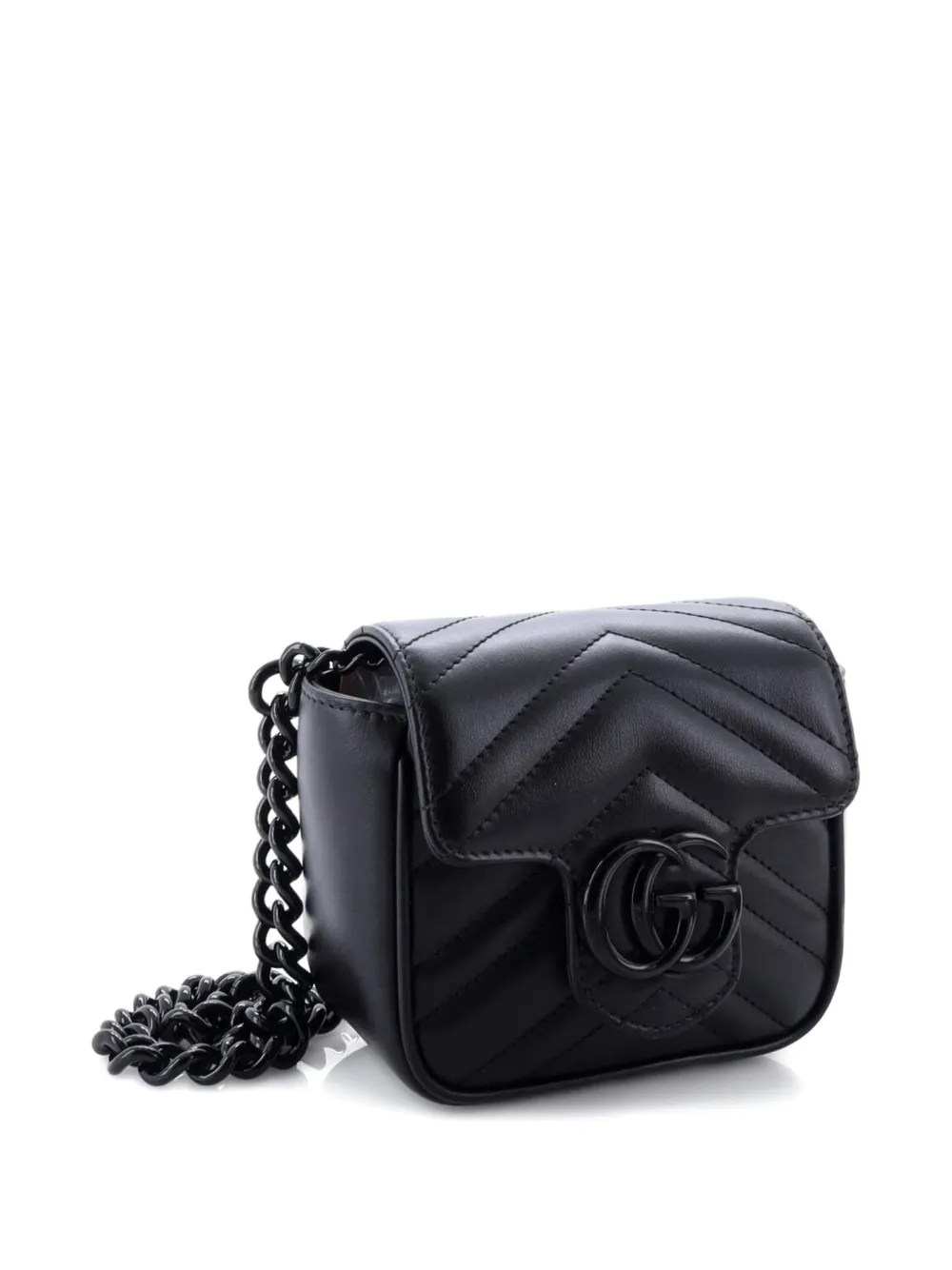 Pre-owned Gucci Gg Marmont Flap Matelasse Leather Mini Belt Bag In Black