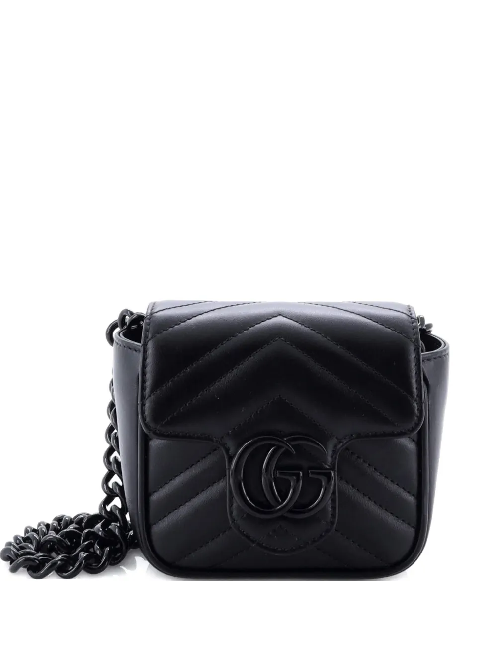 Pre-owned Gucci Gg Marmont Flap Matelasse Leather Mini Belt Bag In Black