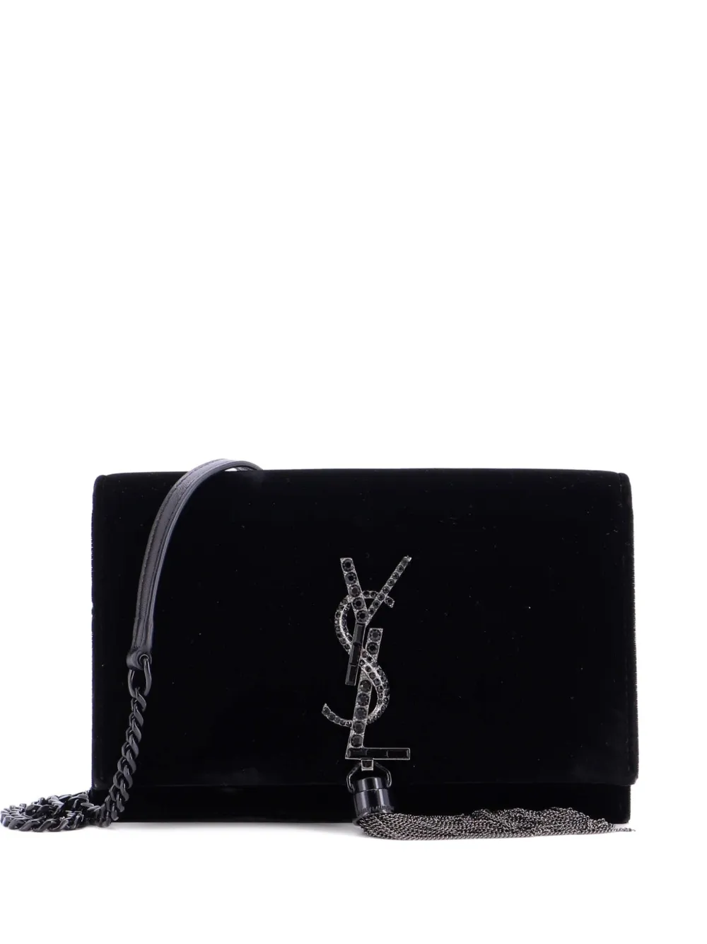 Click to view more detailed imagery on our partner's website Pre-owned Saint Laurent Classic Monogram Tassel Chain Wallet Velvet Crossbody Bag In Black