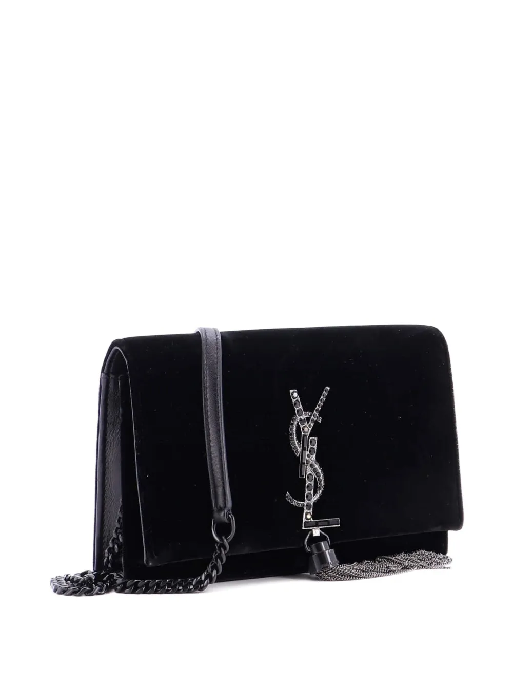 SAINT LAURENT Pre-owned Classic Monogram Tassel Chain Wallet Velvet Crossbody Bag In Black