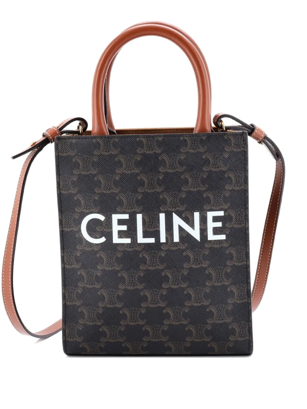 Pre-owned Celine Vertical Cabas Tote Triomphe Coated Canvas Mini Satchel In Brown