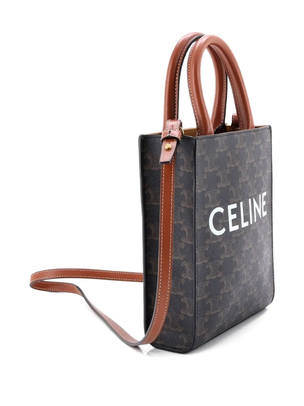 Pre-owned Celine Vertical Cabas Tote Triomphe Coated Canvas Mini Satchel In Brown
