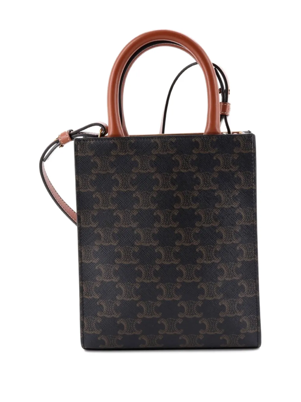 Pre-owned Celine Vertical Cabas Tote Triomphe Coated Canvas Mini Satchel In Brown