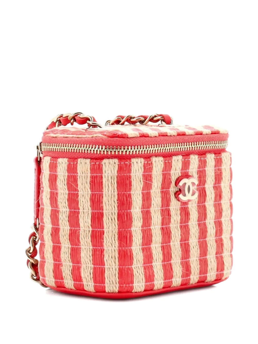 Pre-owned Chanel Classic Vanity Case With Chain Striped Raffia And Jute Mini Crossbody Bag In Neutral