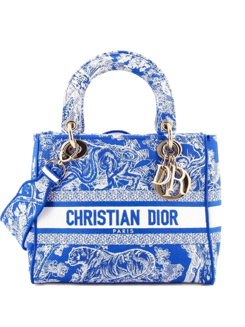 Pre-owned Dior Toile De Jouy Lady D-lite Bag Embroidered Canvas Tote Bag In Blue