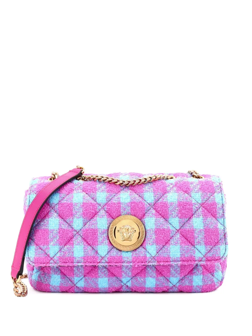 Versace Pre-Owned Medusa Icon Chain Flap Bag Quilted Tweed East West shoulder bag - Blu