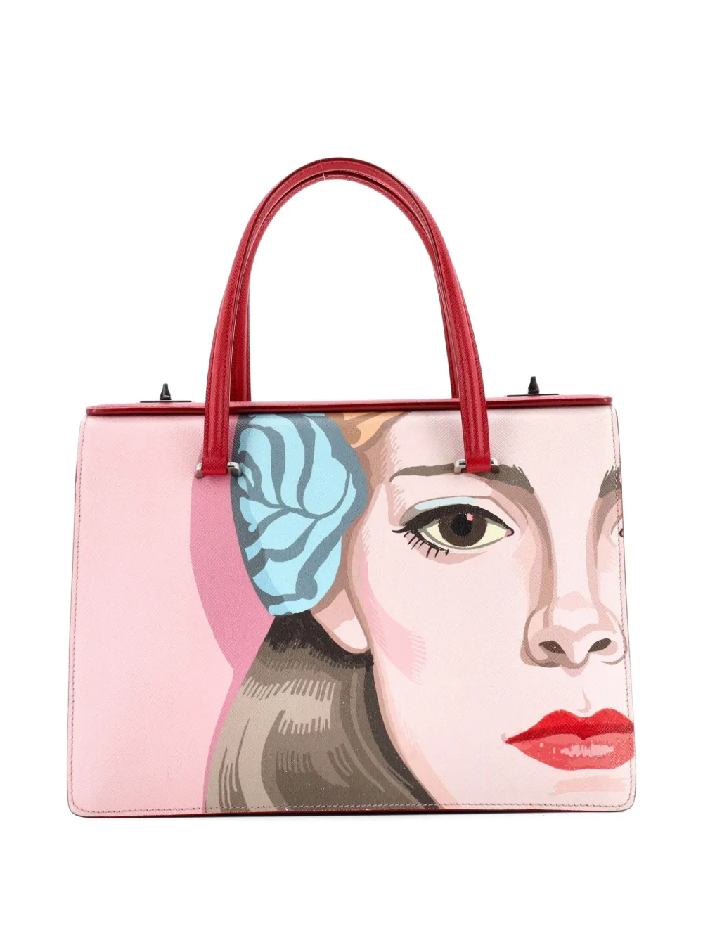 PRADA Pre-owned Turn Lock Tote Printed Saffiano Medium Satchel In Pink