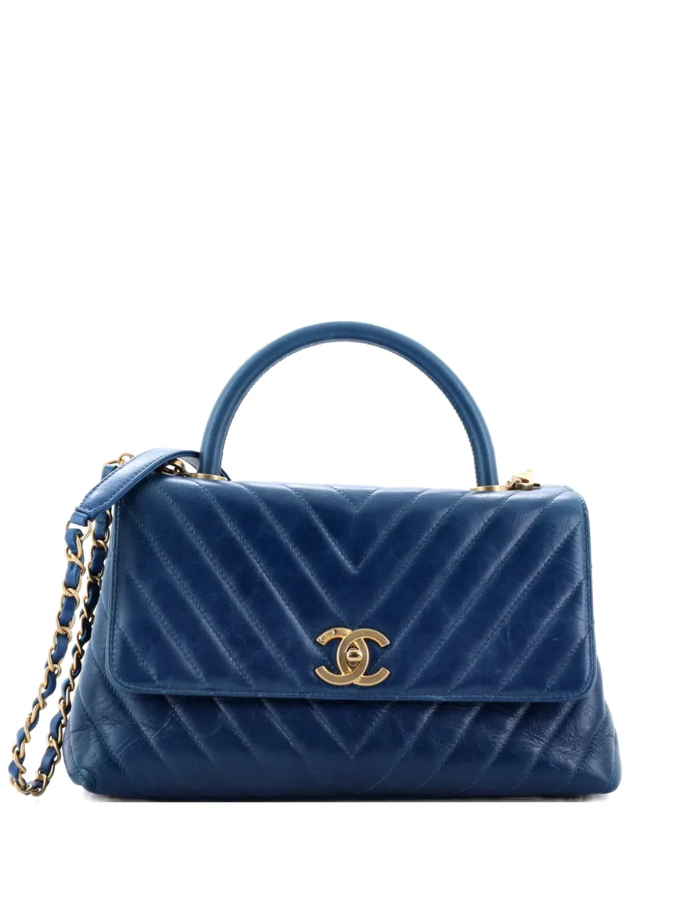 Click to view more detailed imagery on our partner's website Pre-owned Chanel Coco Top Handle Bag Chevron Calfskin Small Satchel In Blue