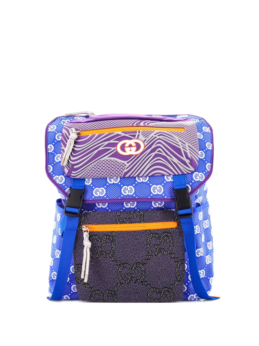 Pre-owned Gucci Panelled Double Buckle Gg Jacquard Nylon And Rubber Large Backpack In Blue