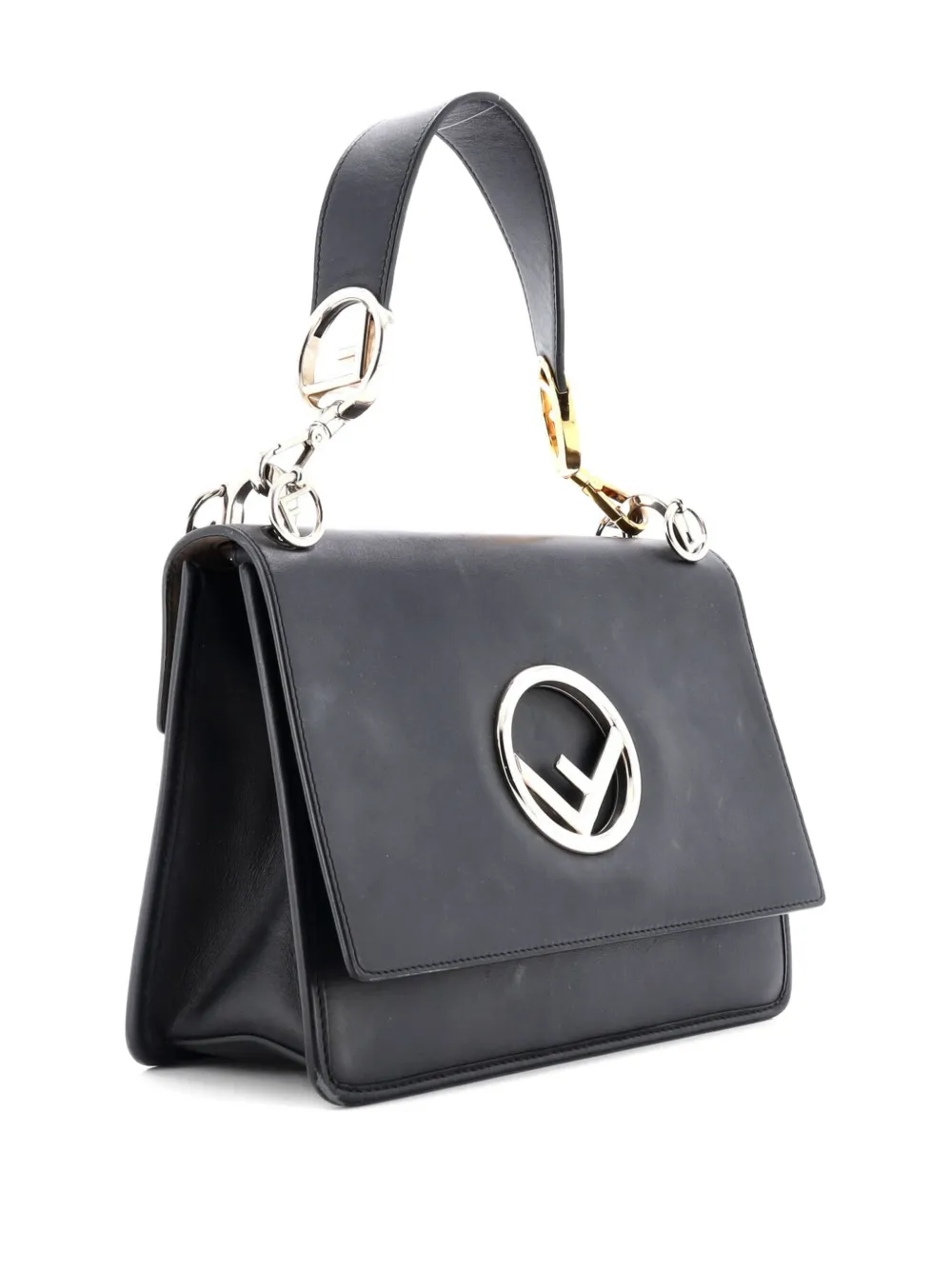 Pre-owned Fendi Kan I F Leather Medium Shoulder Bag In Black