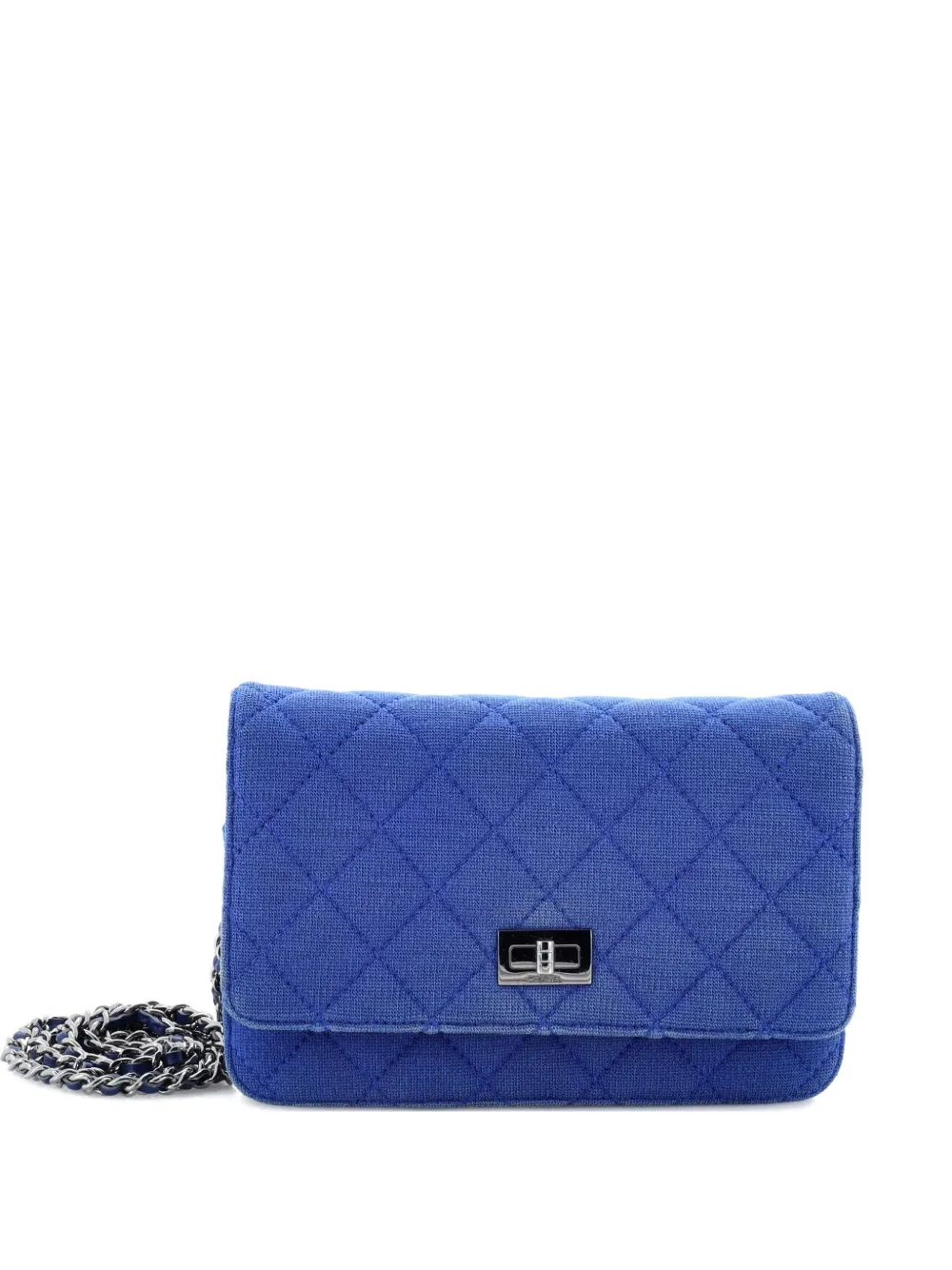 Click to view more detailed imagery on our partner's website Pre-owned Chanel Reissue 2.55 Wallet On Chain Quilted Jersey Crossbody Bag In Blue
