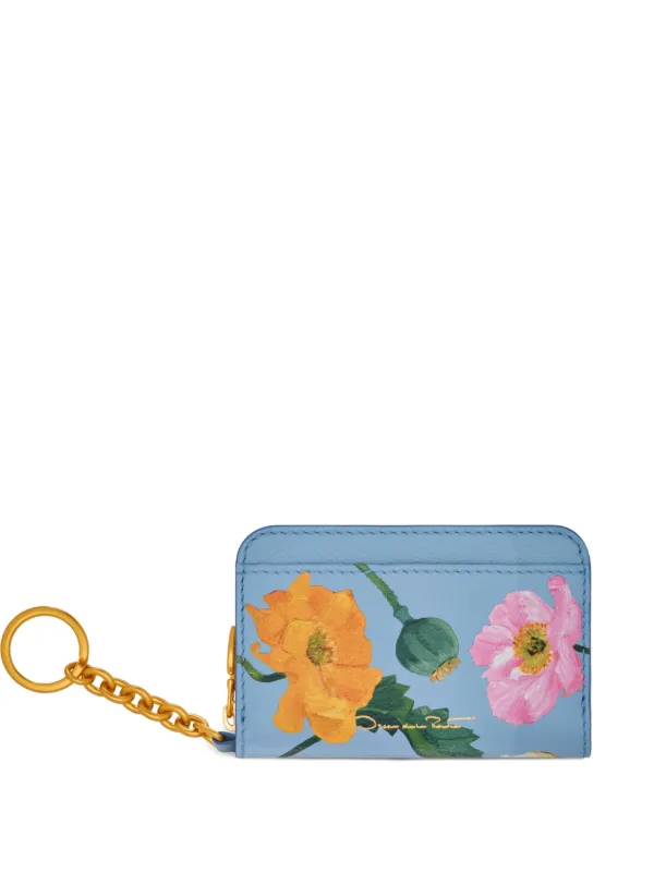 Oscar de la Renta Poppy-printed Keychain Wallet in Blue