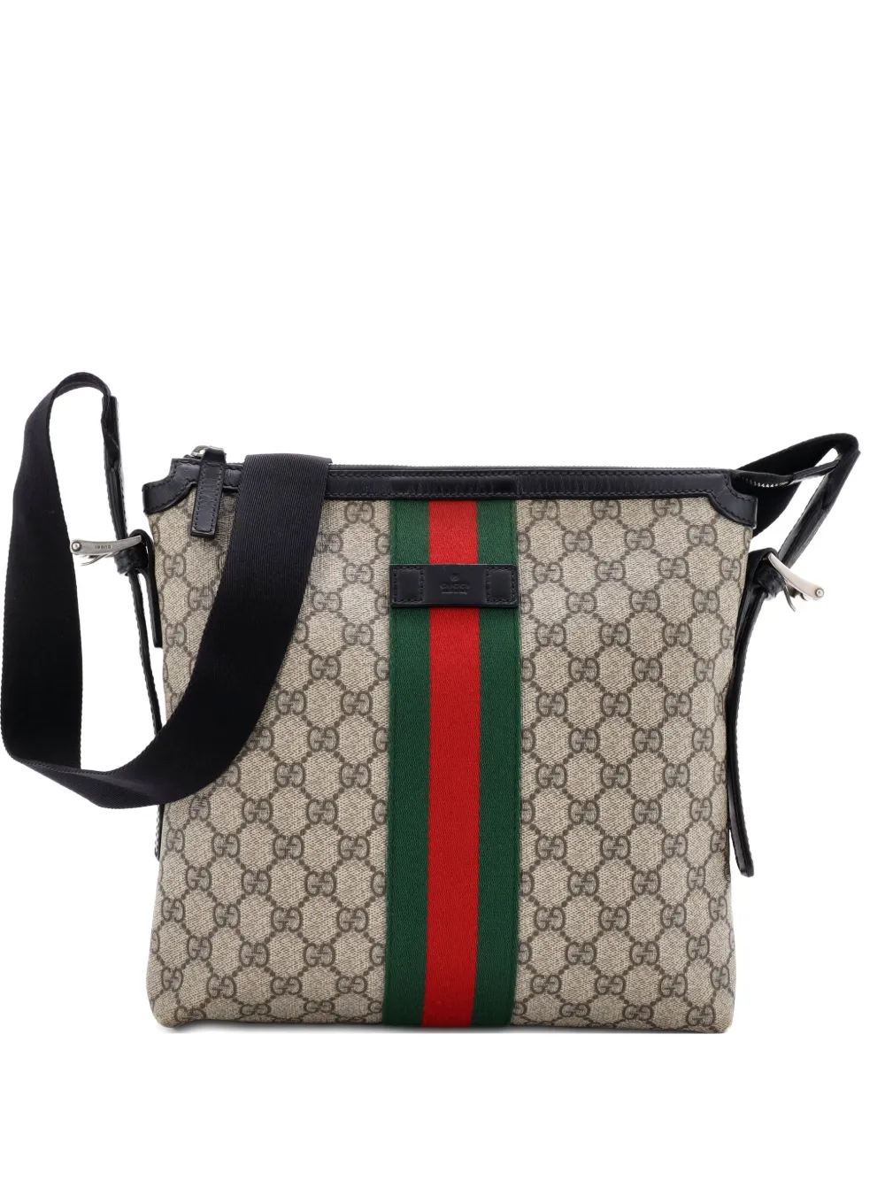 Pre-owned Gucci Web Messenger Bag Gg Coated Canvas Medium Crossbody Bag In Black