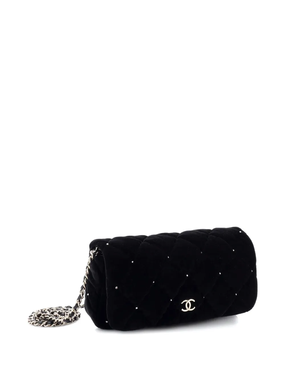 CHANEL Pre-owned Cc Chain Flap Bag Crystal Embellished Quilted Velvet Small Crossbody Bag In Black