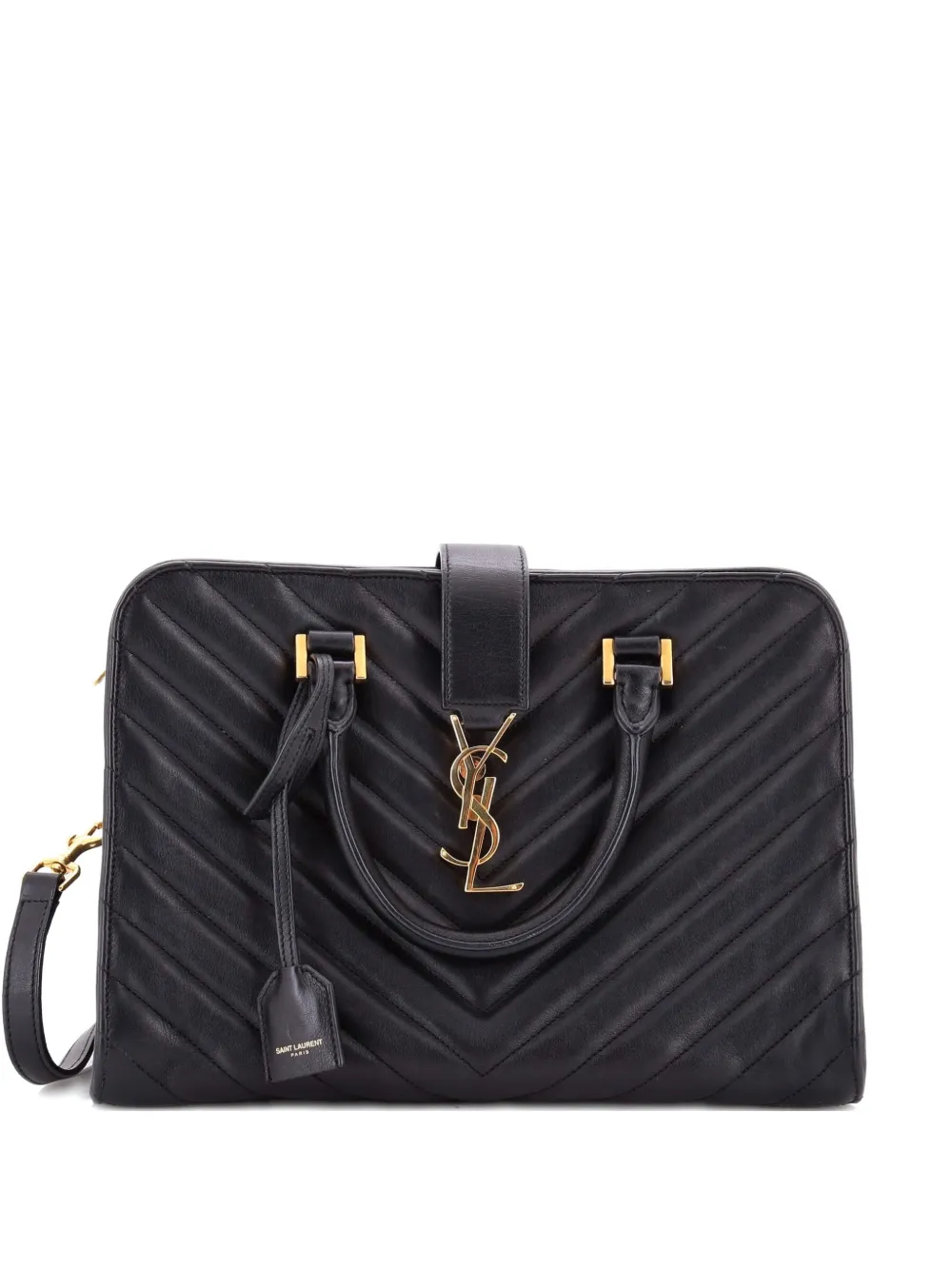Pre-owned Saint Laurent Monogram Cabas Matelasse Chevron Leather Small Satchel In Black