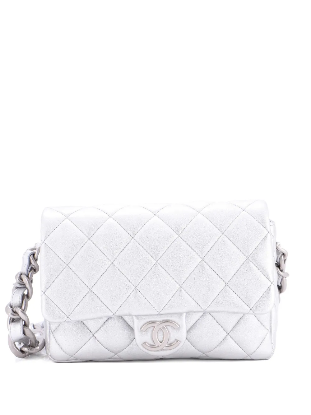 Click to view more detailed imagery on our partner's website Pre-owned Chanel Lacquered Cc Flap Bag Quilted Metallic Lambskin Small Shoulder Bag In Silver
