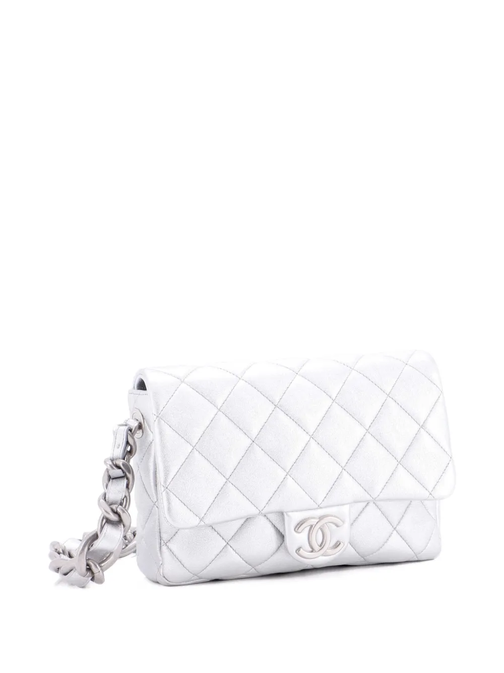 CHANEL Pre-owned Lacquered Cc Flap Bag Quilted Metallic Lambskin Small Shoulder Bag In Silver