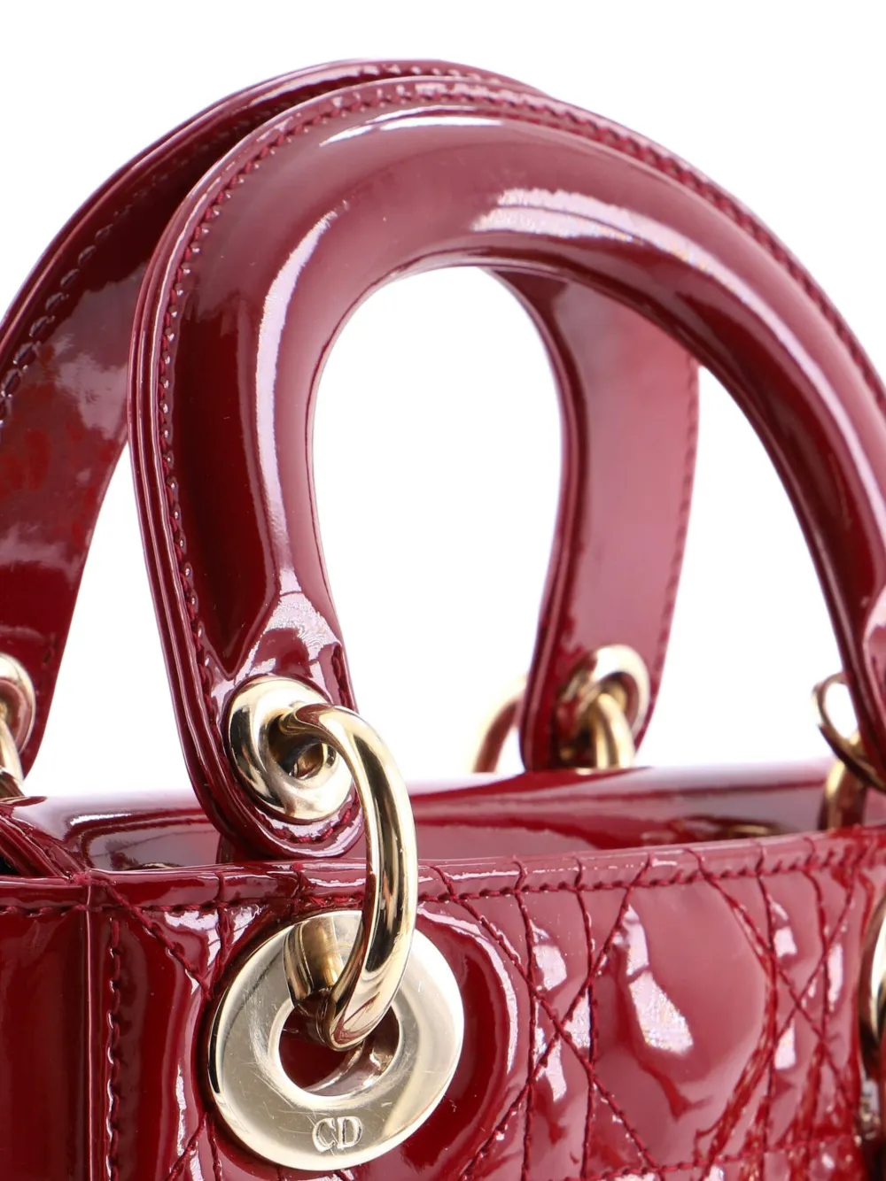 Pre-owned Dior Lady  Chain Bag Cannage Quilt Patent Mini Satchel In Red