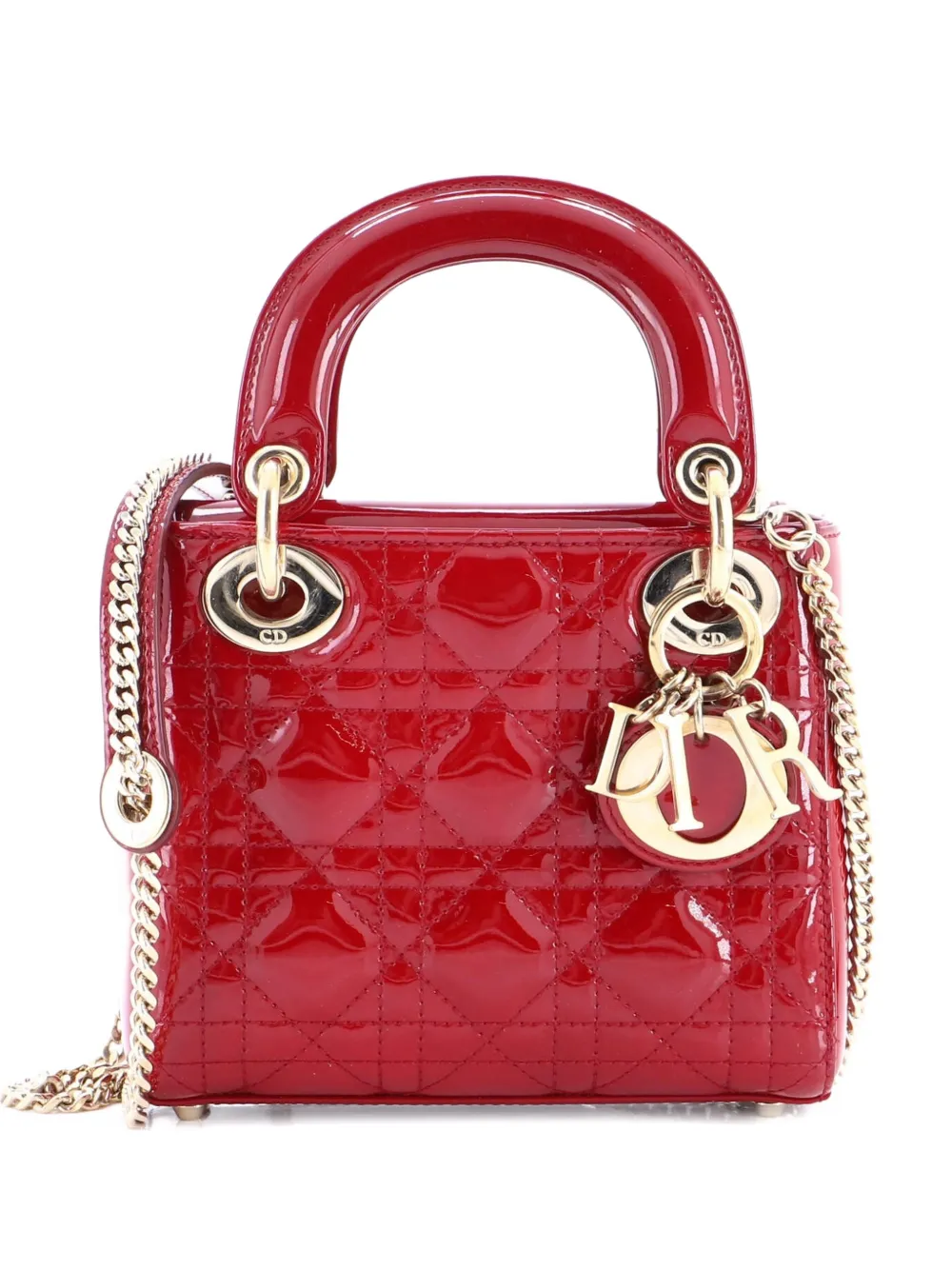 Pre-owned Dior Lady  Chain Bag Cannage Quilt Patent Mini Satchel In Red