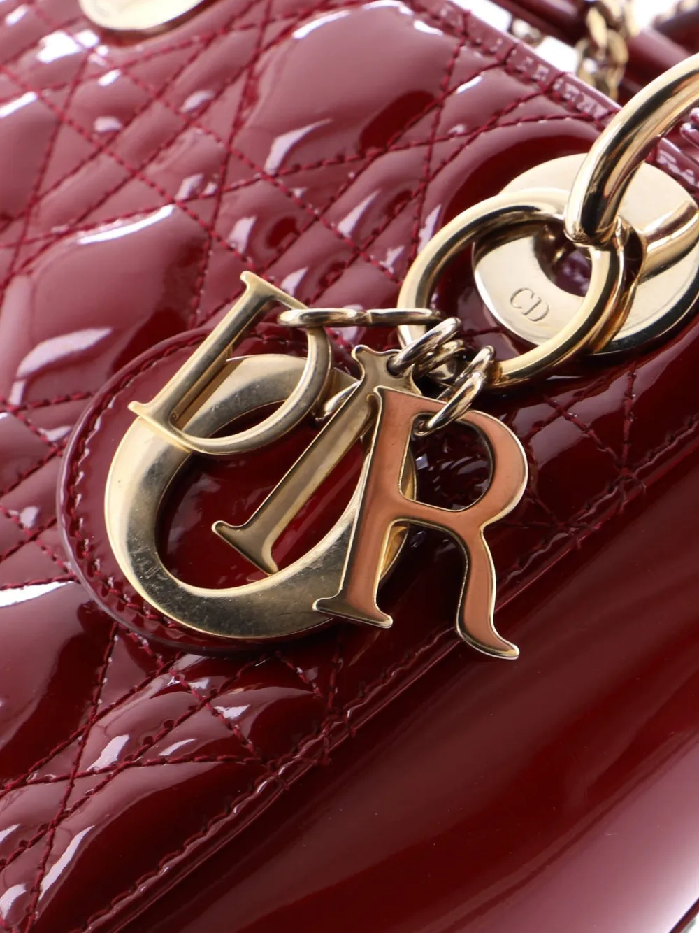 Pre-owned Dior Lady  Chain Bag Cannage Quilt Patent Mini Satchel In Red