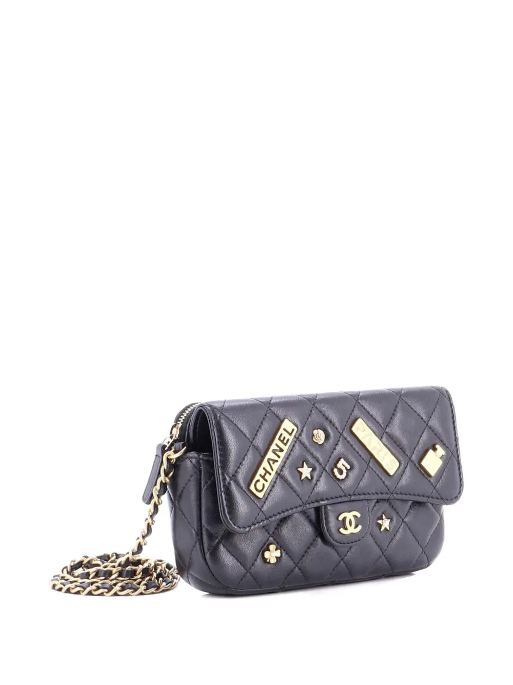 Pre-owned Chanel Lucky Charms Classic Flap Phone Holder With Chain Quilted Lambskin Crossbody Bag In Black